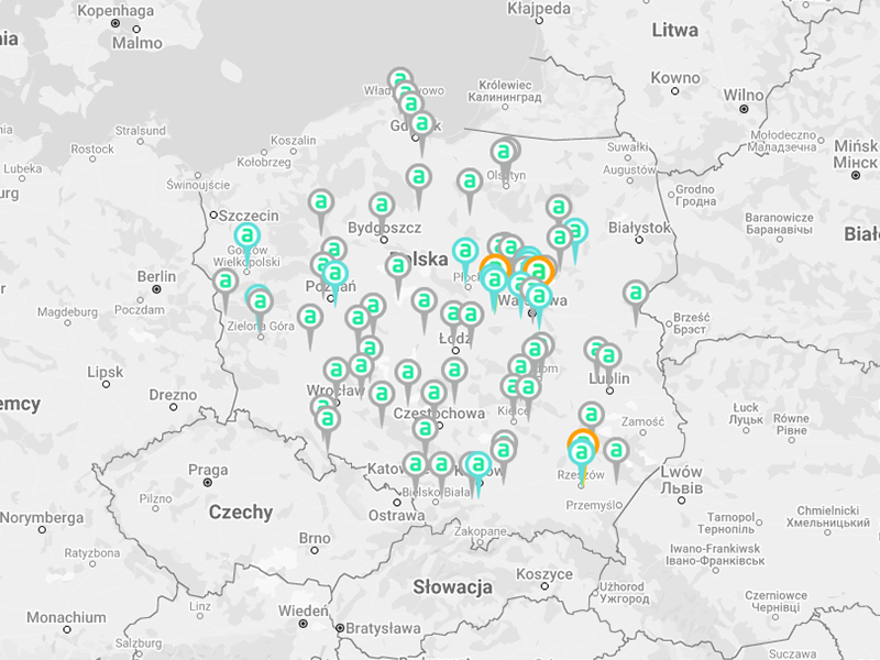 Grafika przedstawiająca mapę Polski z naniesionymi miejscami, w których można znaleźć zaufane firmy zajmujące się montażem systemów wentylacyjnych Air Green