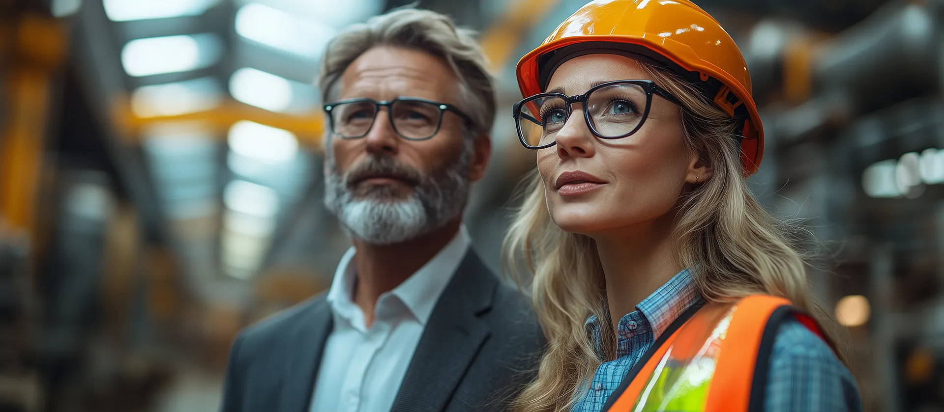 projektantka-z-inwestorem-air-green-pro Na zdjęciu widać panią projektant w kasku ochronnym i w kamizelce odblaskowej z inwestorem ubranym w elegancki garnitur