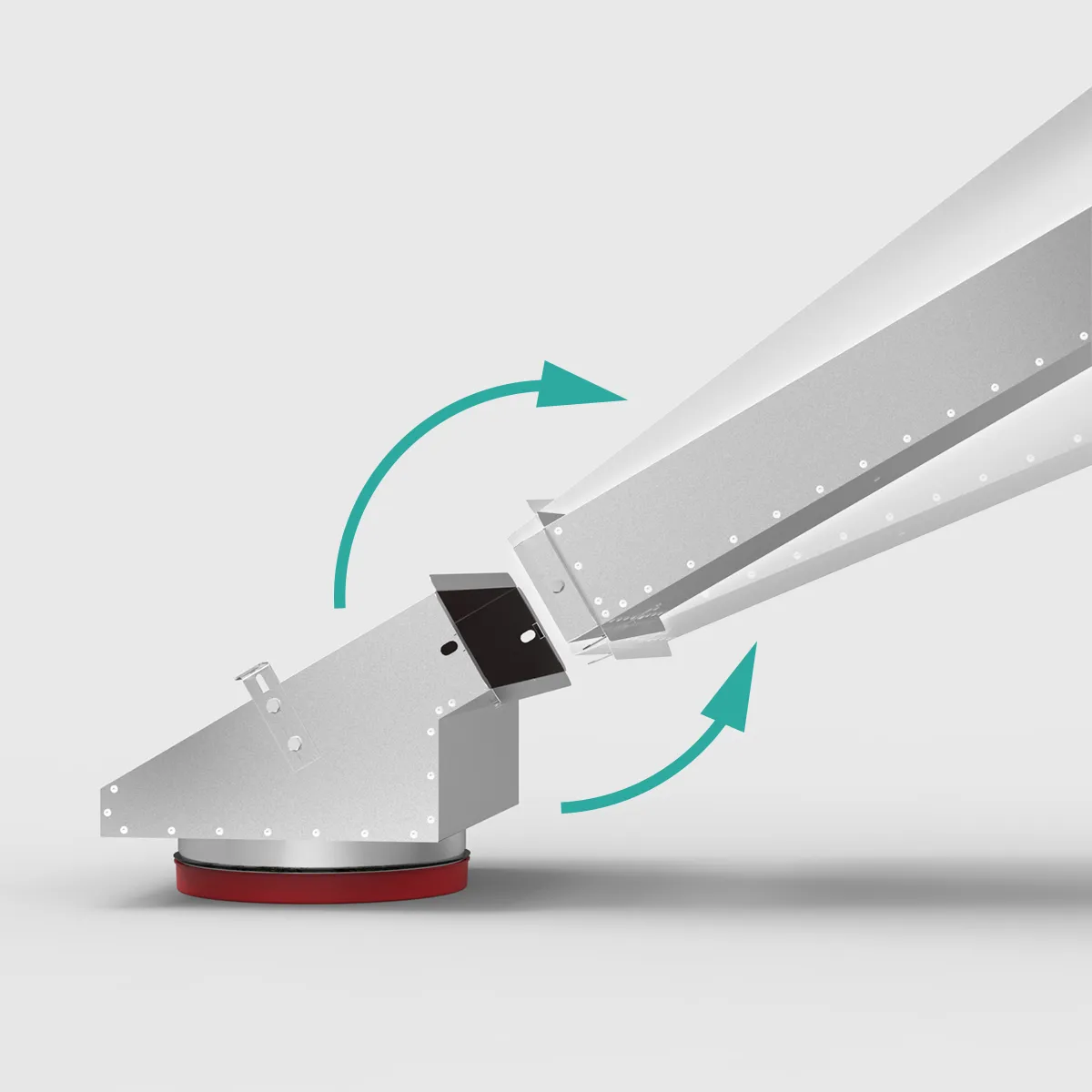 Zdjęcie przedstawiające zbliżenie fragmentu przejścia dachowego nad murłatą bez ocieplenia termicznego pokazujące zasadę działania zmiany kąta dostosowując go do nachylenia dachu