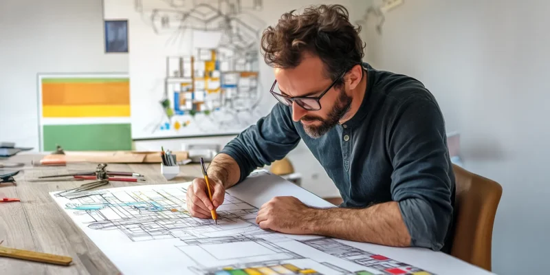 Mężczyzna w okularach i ciemnej koszuli siedzi przy drewnianym stole, rysując ołówkiem na dużej kartce z planami architektonicznymi. W tle widoczne są kolorowe szkice i rysunki techniczne na ścianie.