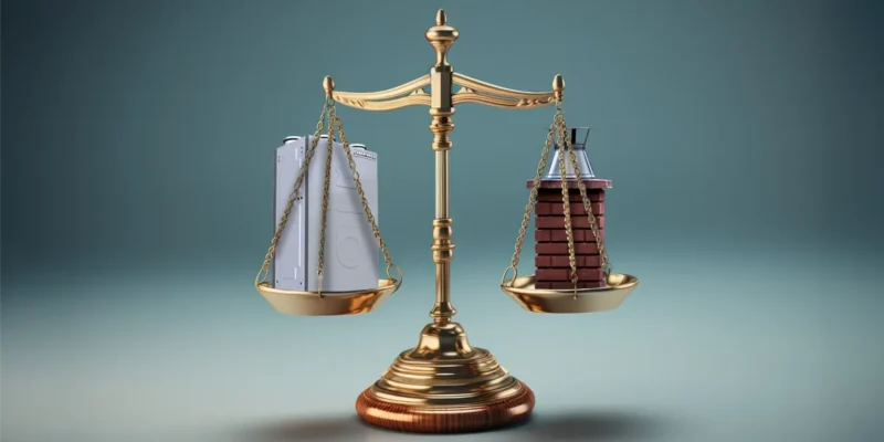 Na zdjęciu widzimy złotą wagę równoważną z rekuperatorem na jednej szalce i kominem na drugiej, symbolizujący porównanie dwóch systemów wentylacyjnych.