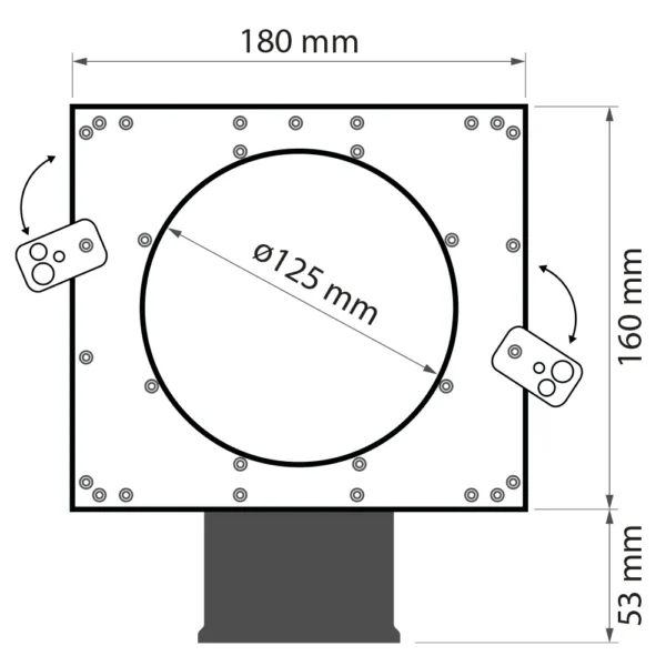 Rysunek techniczny hybrydowej skrzynki rozprężnej, kątowej Air Green Pro z jednym króćcem 75mm