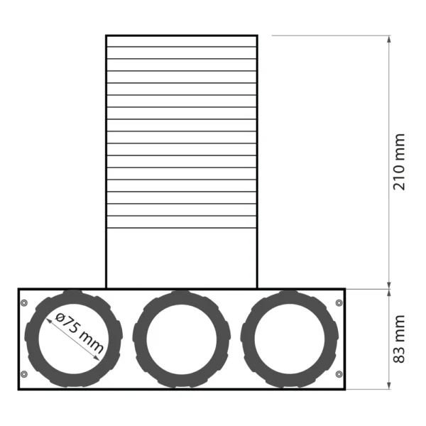 Rysunek techniczny hybrydowej skrzynki rozprężnej, kątowej Air Green Pro z trzema króćcami 75mm