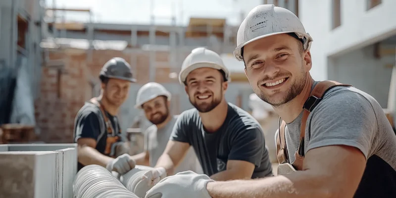 Jak wybrać ekipę montażową systemu rekuperacji? Czterech mężczyzn w białych i szarych kaskach ochronnych uśmiecha się na tle budowy.