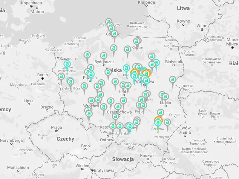 Grafika przedstawiająca mapę Polski z naniesionymi miejscami, w których można znaleźć zaufane firmy zajmujące się montażem systemów wentylacyjnych Air Green