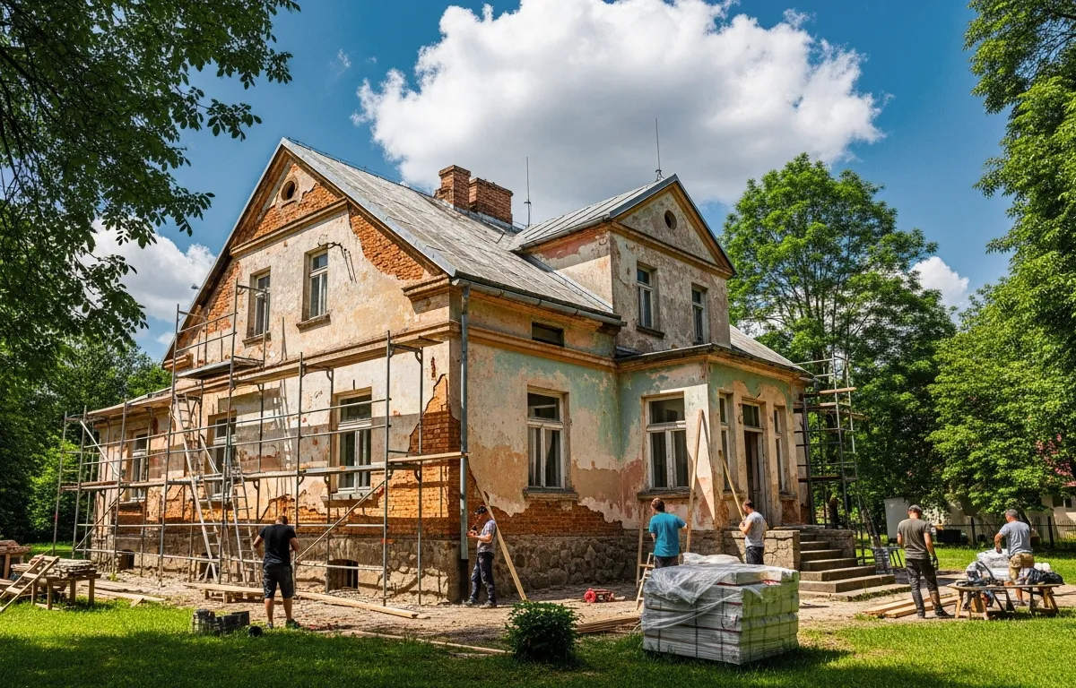 Air-Green-Pro-skrzynki-remonty Stary budynek w trakcie intensywnych prac renowacyjnych, z widocznymi rusztowaniami i materiałami budowlanymi.