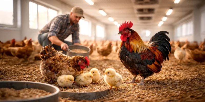 Rekuperacja w hodowli zwierząt . Zbliżenie na kolorowego koguta, brązową kurę i żółte pisklęta jedzące ziarno wewnątrz jasnego kurnika, z rozmytą sylwetką rolnika pracującego w tle.
