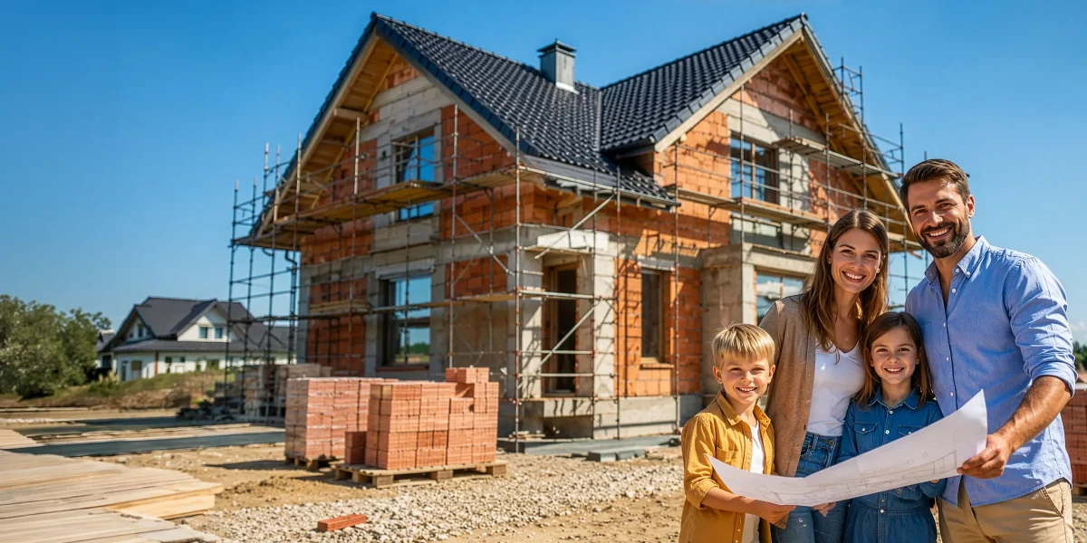 Szczęśliwa rodzina stoi przy budowie ich własnego domu