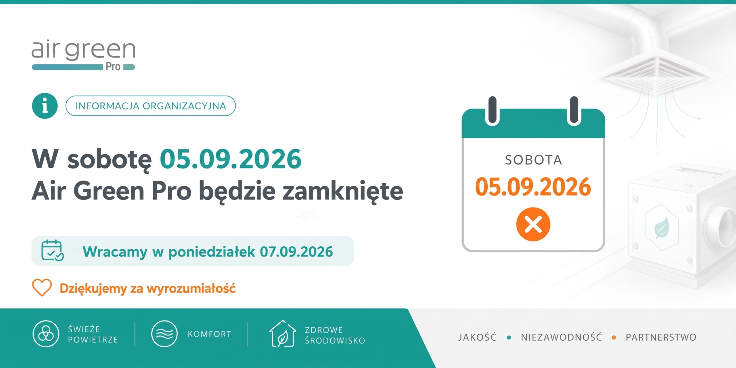 Baner informujący o tym że sklep stacjonarny będzie nieczynny w sobotę 05.09.2026